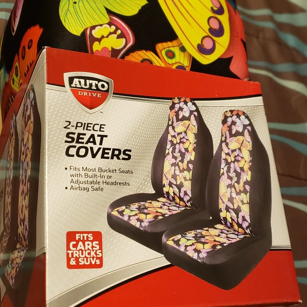 2-Piece SEAT COVER black & multi color butterfly.